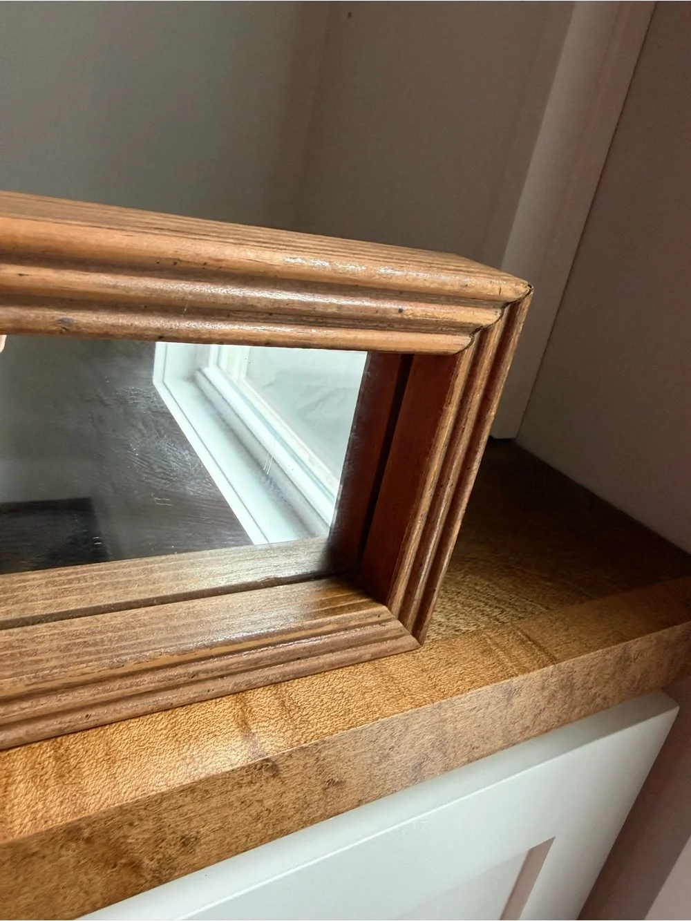 Vintage MCM Narrow Rectangular Accent Mirror, Brown Wood Frame